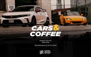 Two cars parked on asphalt from a low angle. Text reads "Cars & Coffee, Sunday June 14, 9am - 11am. 450 Washington St, New York, NY. Open to public, all cars welcome. RSVP Preferred."